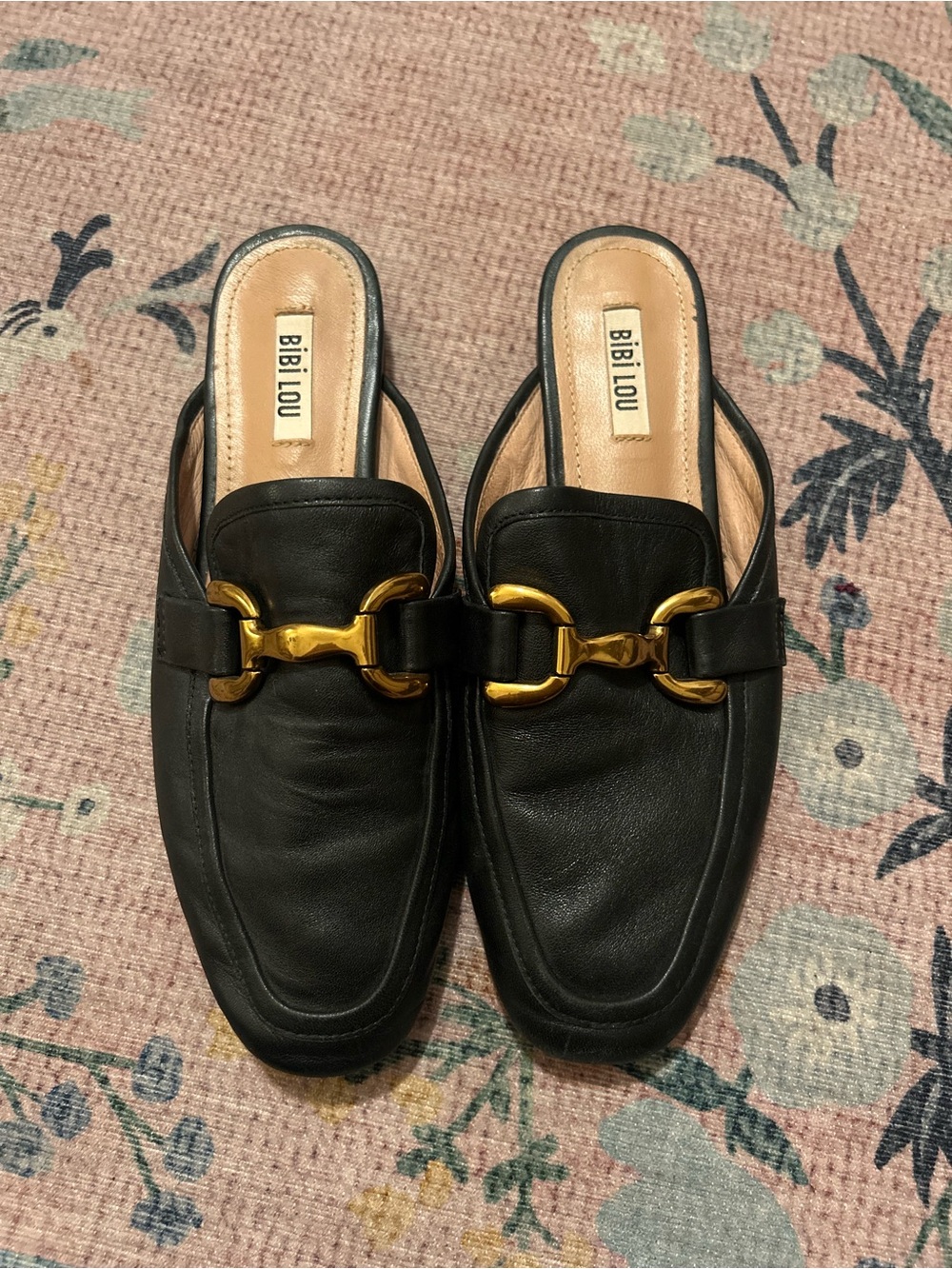 Bibi Lou Black Leather Mule with Gold Horsebit